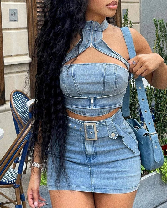 Denim Halter Top Skirt Set