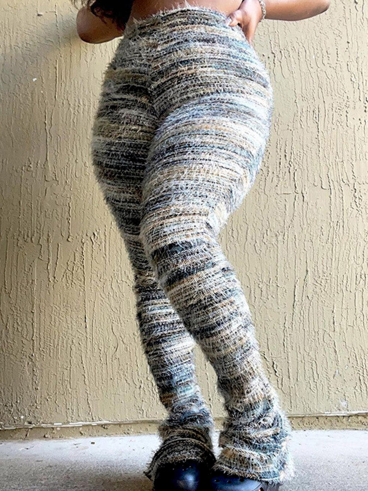 Striped Fluffy Fur Stacked Pants