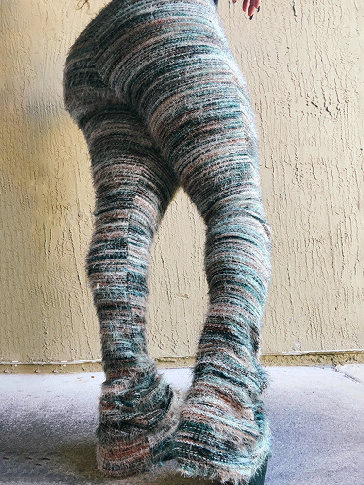 Striped Fluffy Fur Stacked Pants