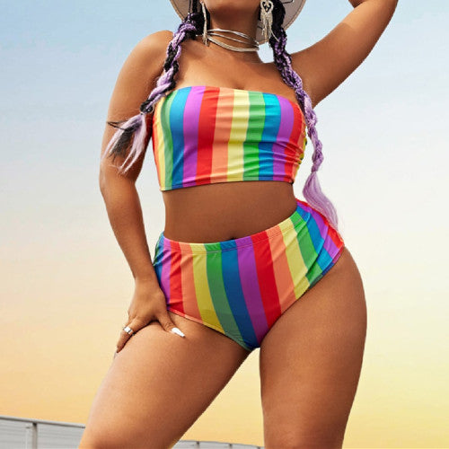 Rainbow Stripes Two Piece Swimset(Plus Size)