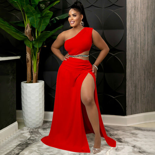 One Shoulder Split Two Piece Set (Plus Size)